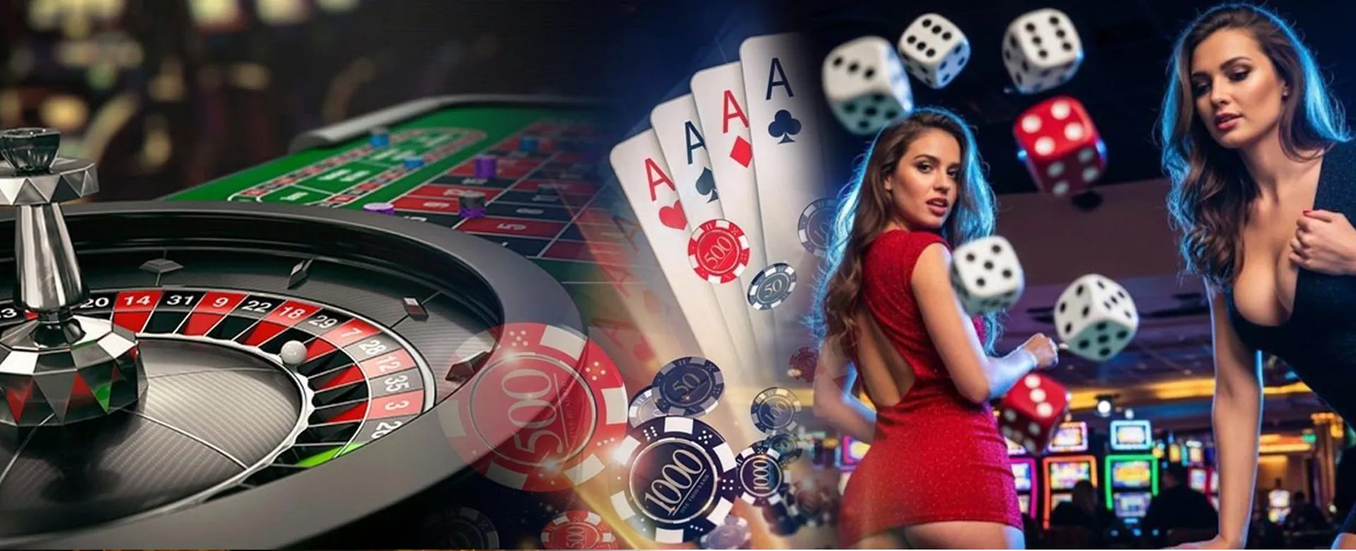 Dynamic background of casino games and chicken characters.
